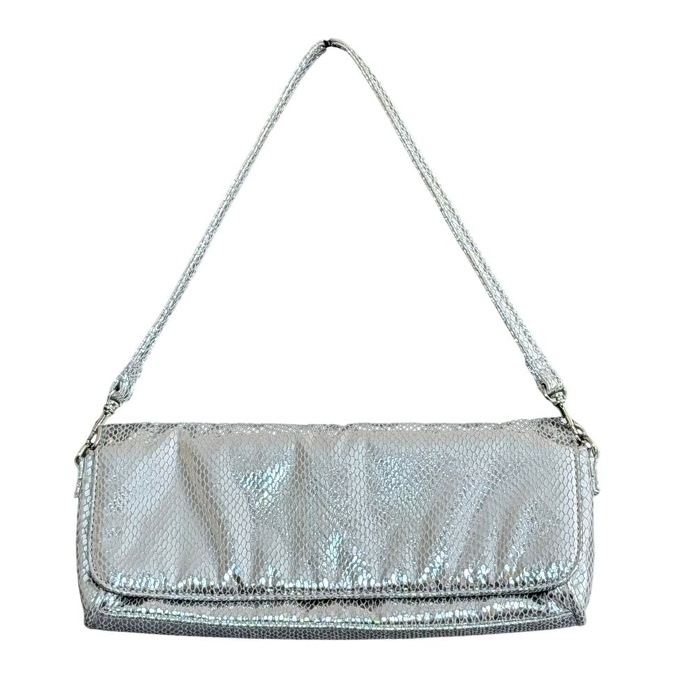 Nine West Womens Silver Snakeskin Embossed Baguette Shoulder Bag Metallic Clutch